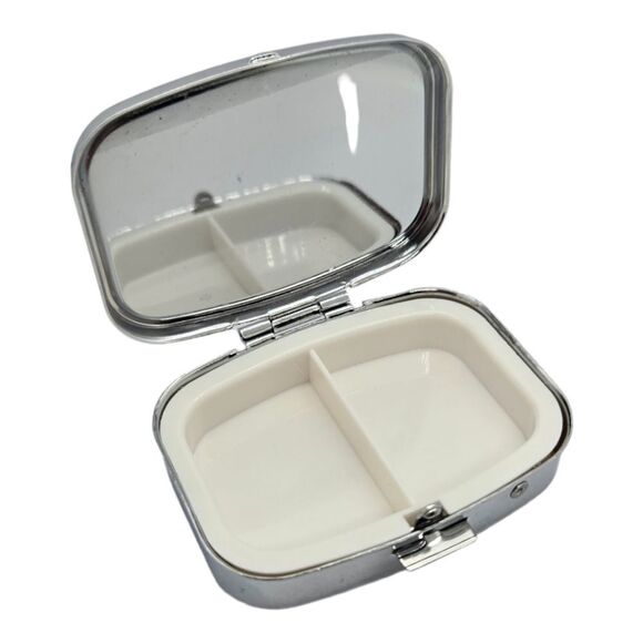 Dragonfly Pill Box Silver Medicine Mini Tin Case Mirrored Travel Purse Size Duo - Picture 3 of 7